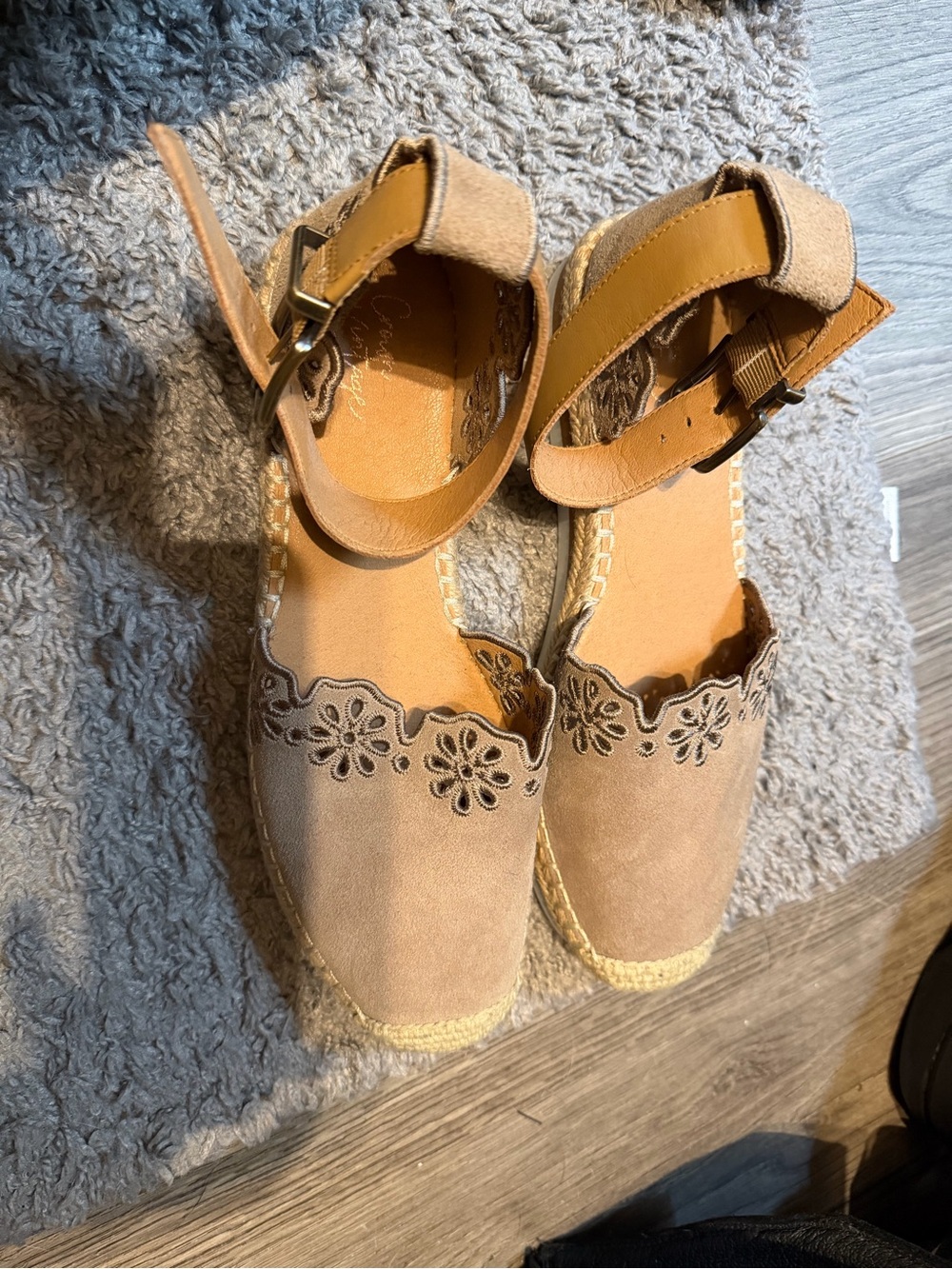 Crown Vintage Beige Suede Floral Cutout Espadrille Wedges